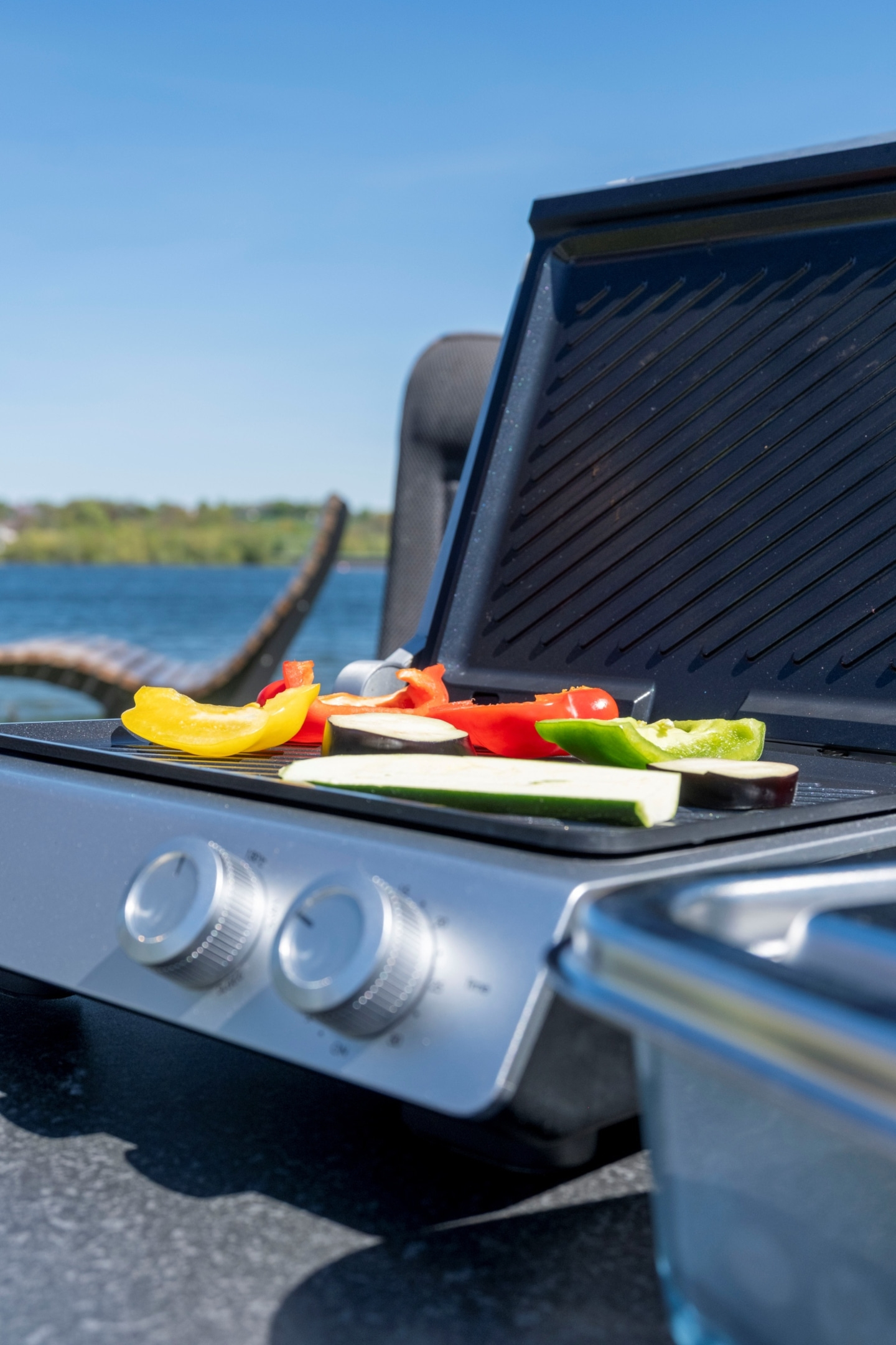 Gemüse auf einem Grill am Seeufer, Sommer, draußen, Kochen