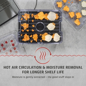 Food dehydrator with vegetables and text about air circulation and durability.