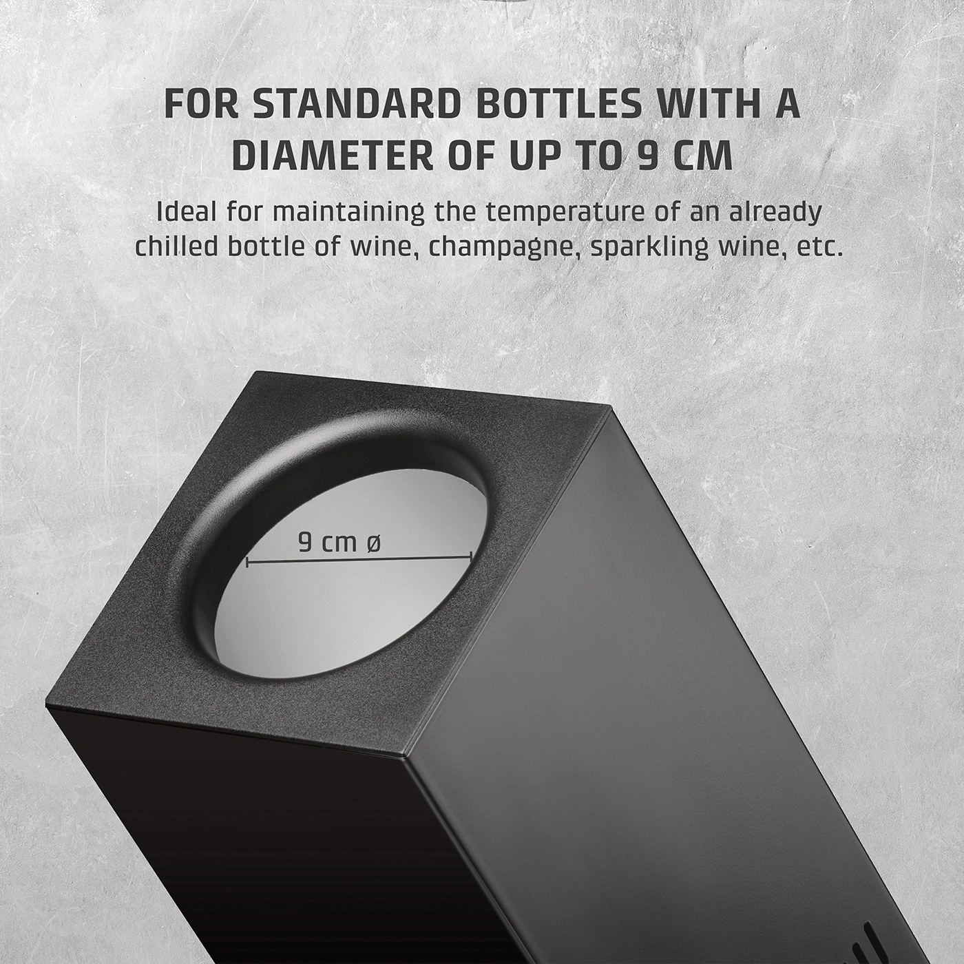 Bottle cooler, 9 cm diameter, ideal for wine, champagne, and sparkling wine.