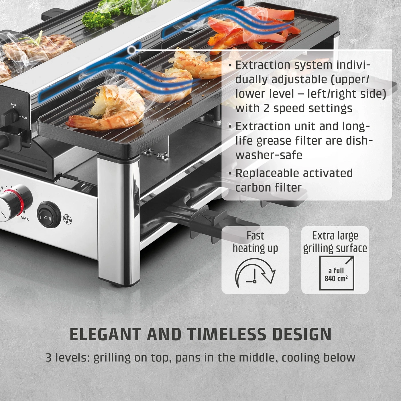 Elegant and timeless design with 3 levels: grilling, pans, and cooling.