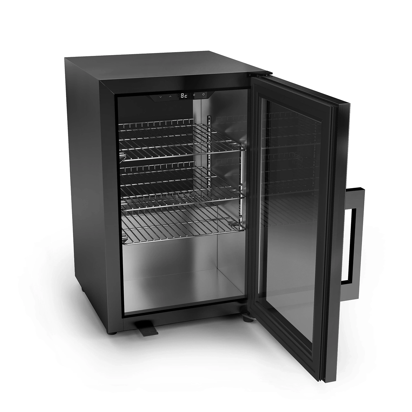 Ein offener schwarzer Kühlschrank mit Glasfront und Regalen.