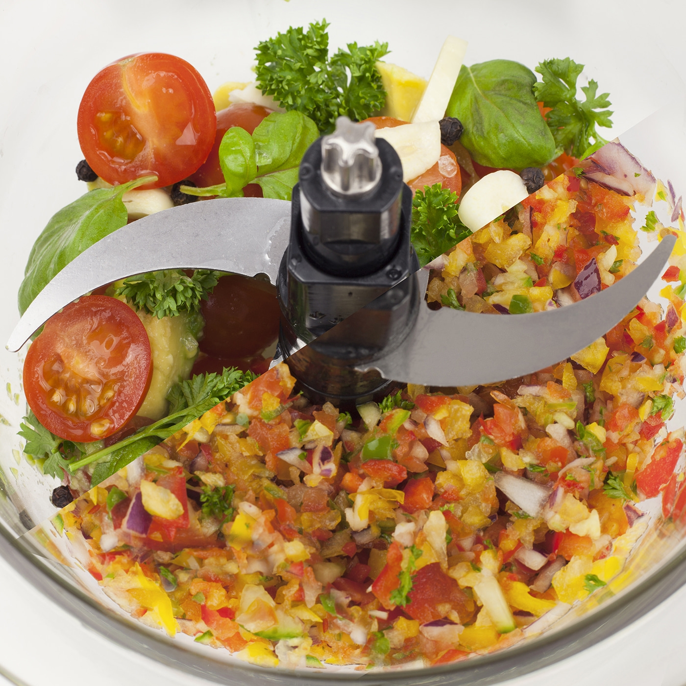 Tomatoes, herbs, and vegetables being chopped in a food processor.