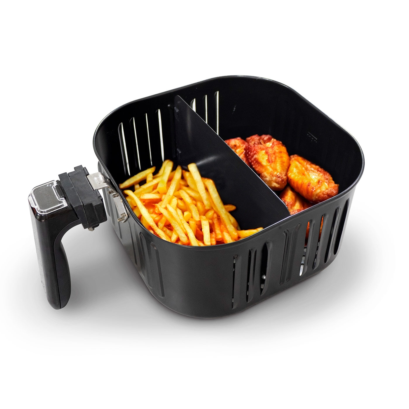 Black air fryer with fries and chicken wings, divided into two compartments