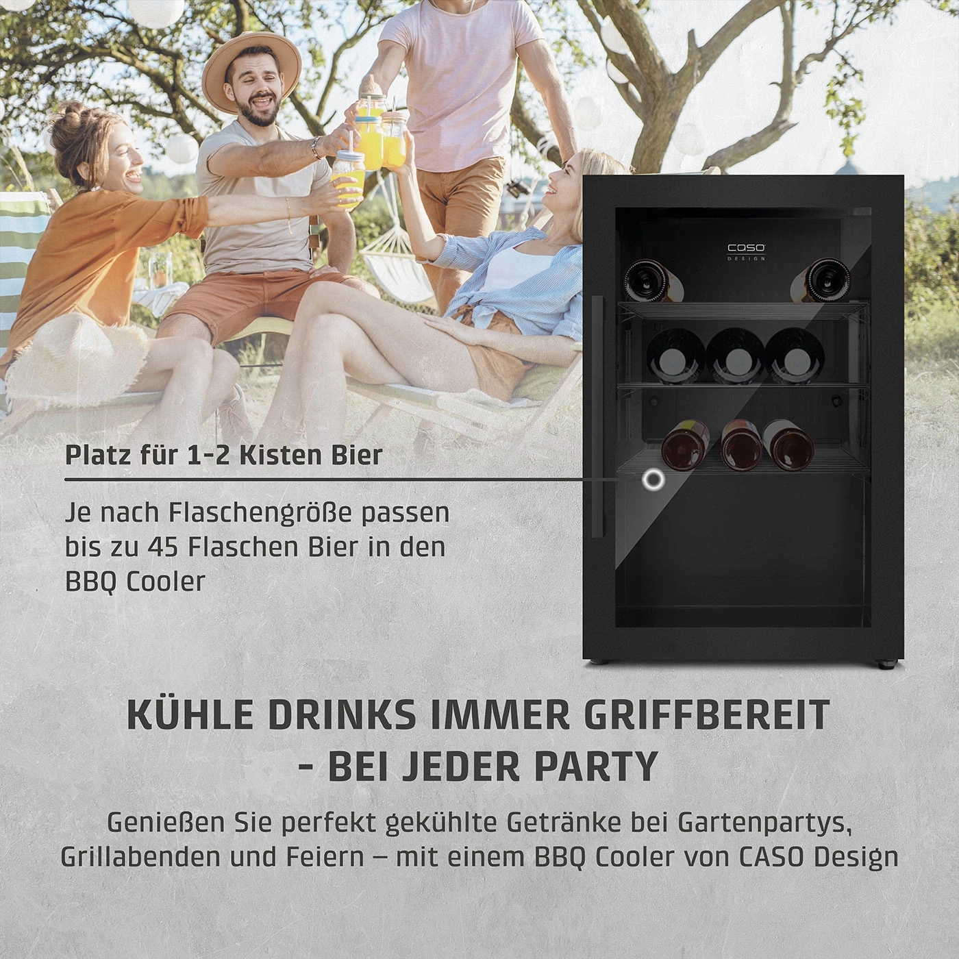 BBQ Cooler mit Getränken bei einer Party im Garten. Kühle Getränke immer griffbereit.