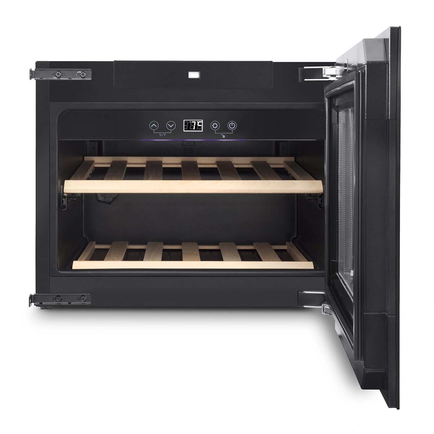 Wine cooler with open door, wooden shelves, digital display, black casing, isolated