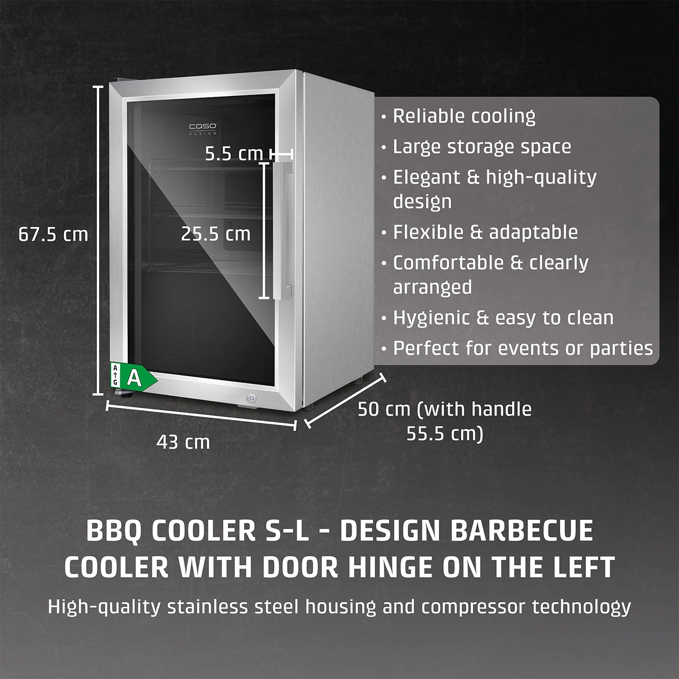 Refrigerator with stainless steel housing, BBQ Cooler S-L, Design Barbecue, door hinge left