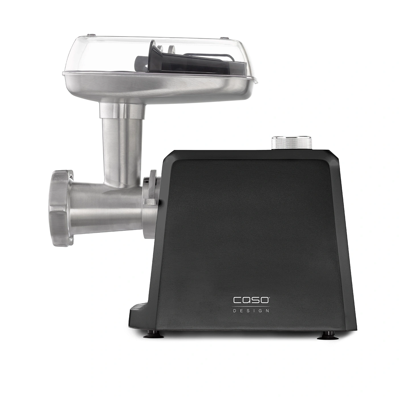 Meat grinder, Caso Design, stainless steel, black housing, kitchen appliance, close-up, isolated