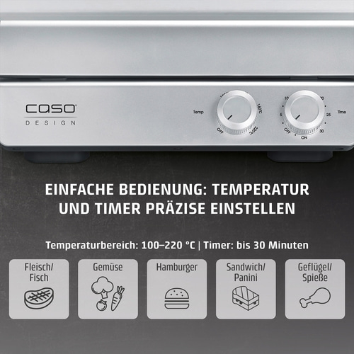 Eine metallische Kontaktgrill mit zwei Knöpfen und Symbolen für Fleisch, Gemüse, Hamburger, Sandwich und Geflügel.
