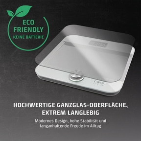 Personenwaage mit Glasoberfläche und "Eco Friendly"-Aufdruck.