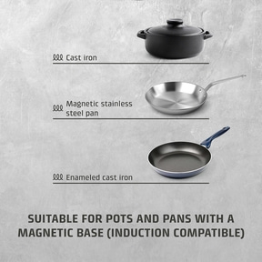 Cookware: cast iron, stainless steel pan, enameled cast iron, suitable for induction.