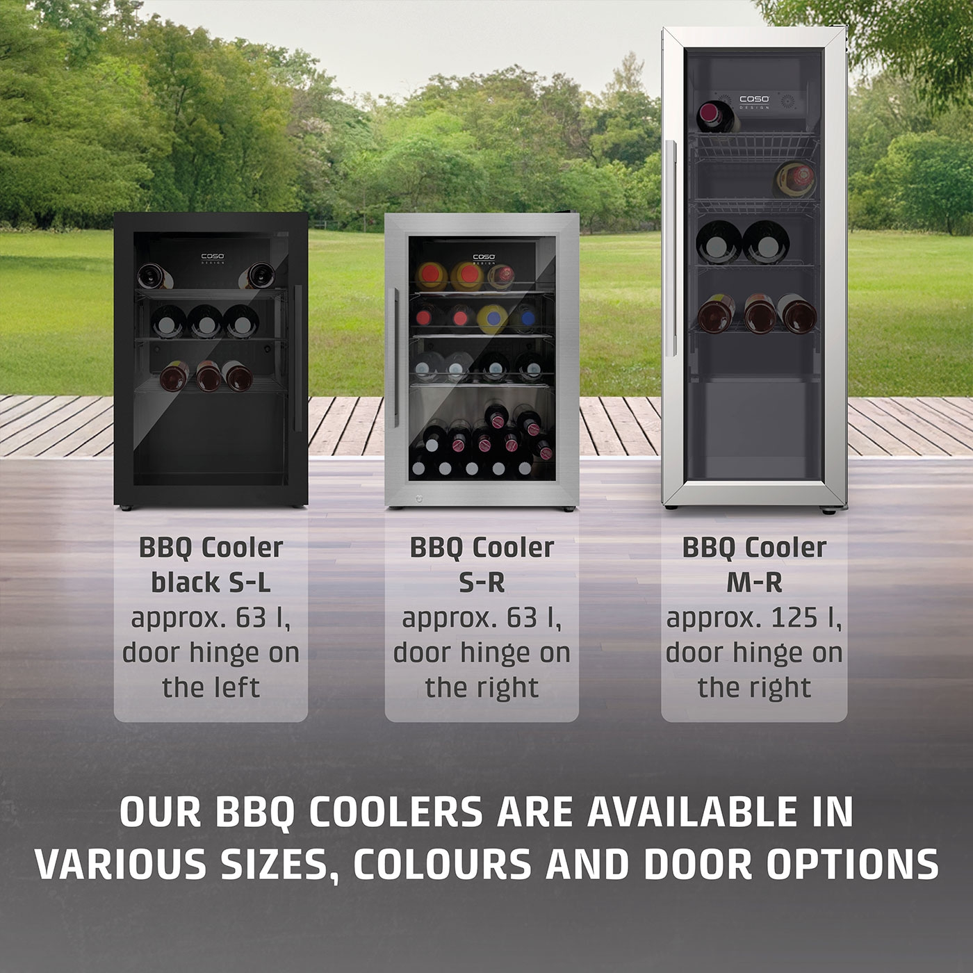BBQ coolers in different sizes and colors with door variations