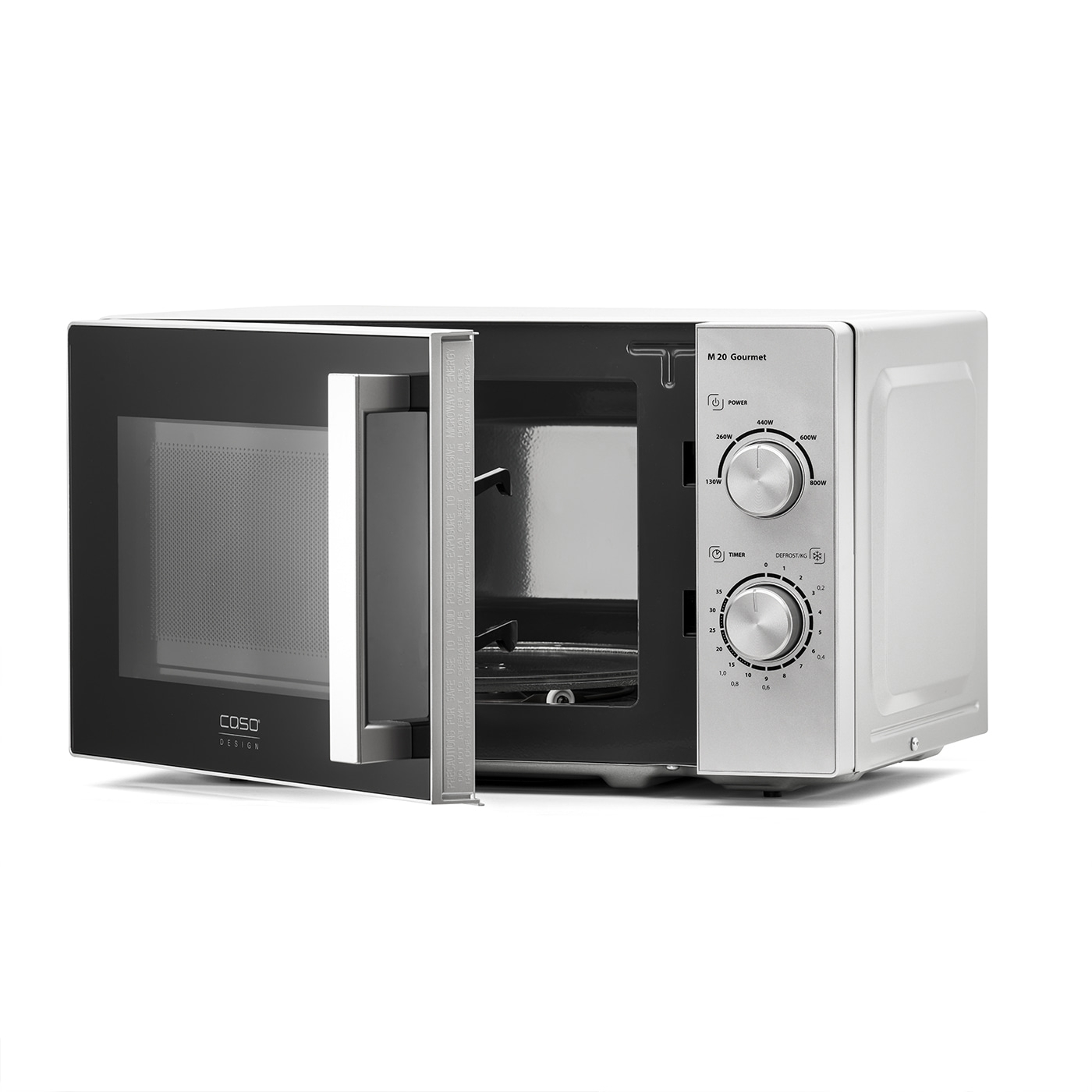 Mikrowelle, geöffnet, mit Bedienfeld, Marke Caso, Modell M 20 Gourmet, Design, Timer, Auftauen