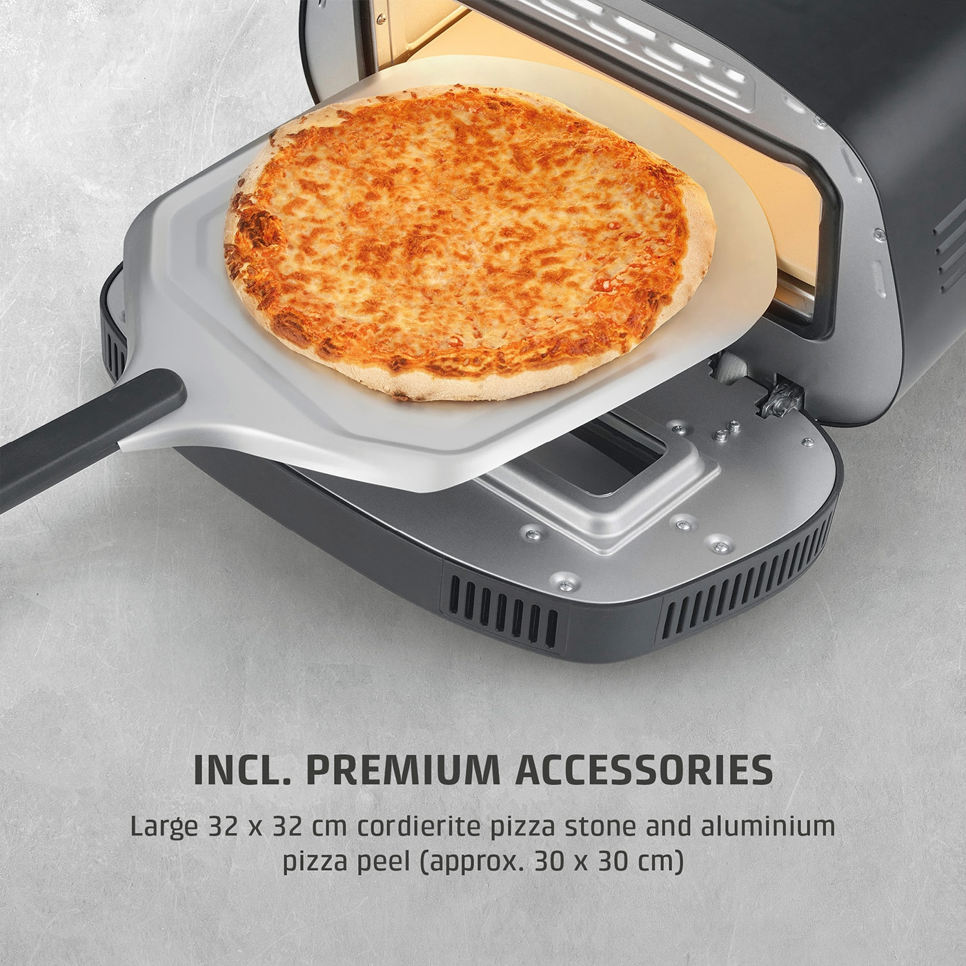 Pizza oven with pizza, pizza stone and pizza peel, high-quality equipment.