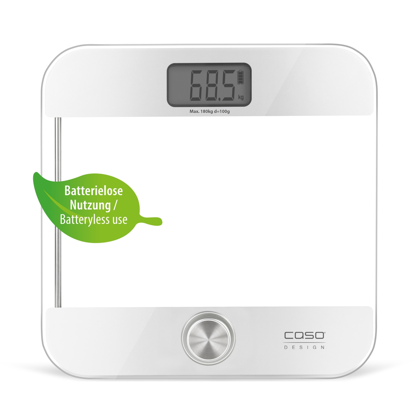 Weiße Personenwaage mit digitaler Anzeige, Batterielose Nutzung, Gewicht 68,5 kg, Caso Design.