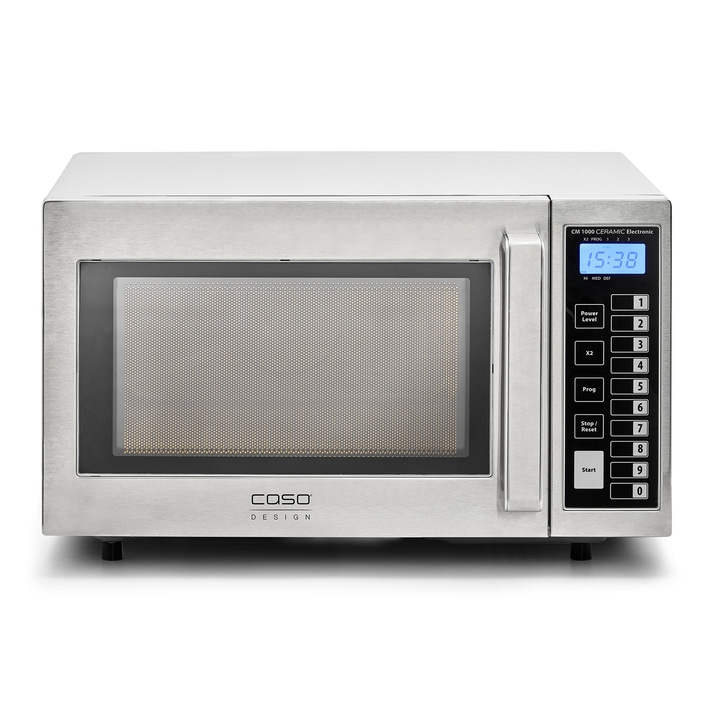 Stainless steel microwave with digital display and control panel, Caso Design.