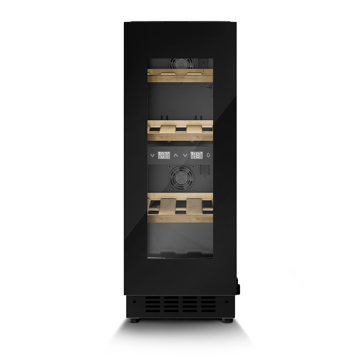 Black wine cooler with glass door and temperature display, wooden shelves