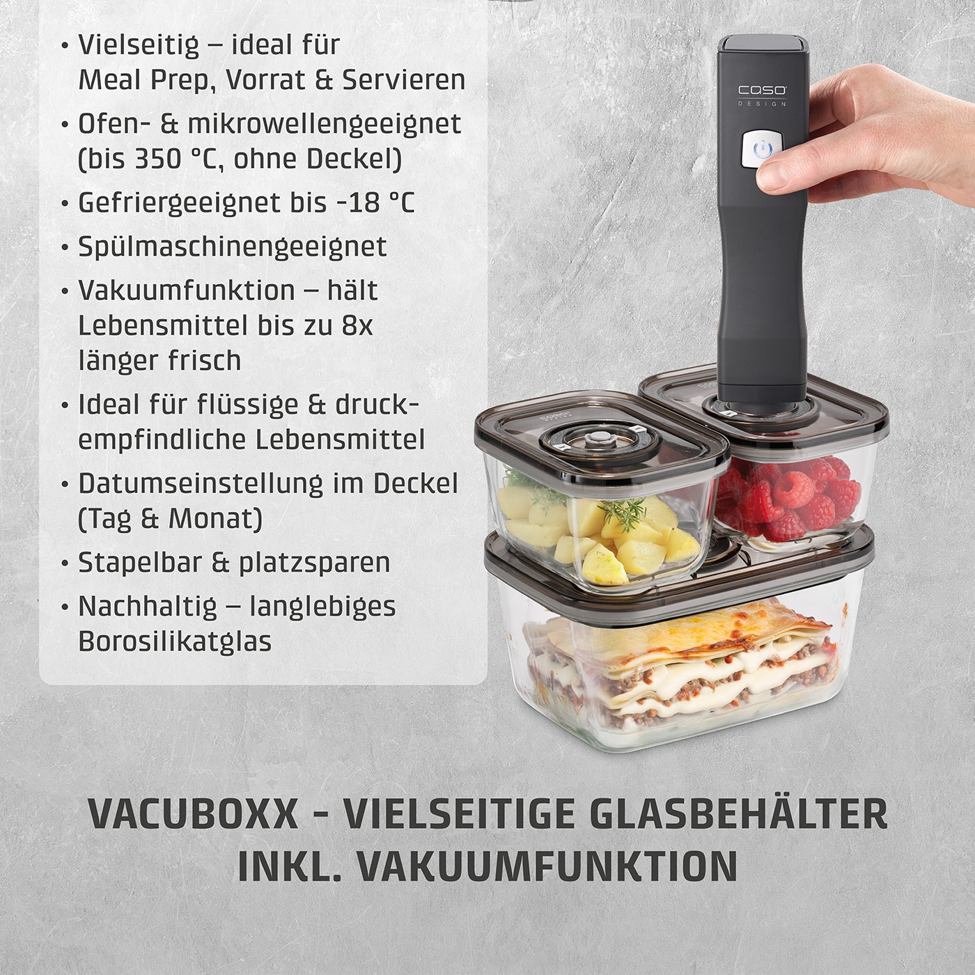 VACUBOXX glass containers with vacuum function, ideal for meal prep and storage.