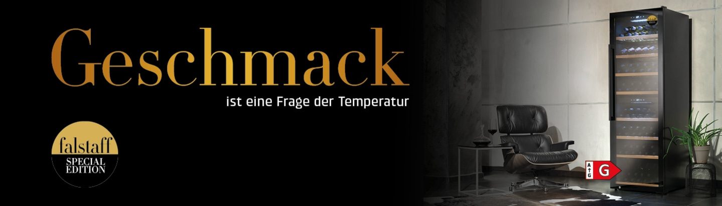Wein-Kühlschrank mit Sessel und Text: Geschmack ist eine Frage der Temperatur.