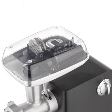 Fleischwolf mit transparentem Deckel und verschiedenen Aufsätzen, Nahaufnahme