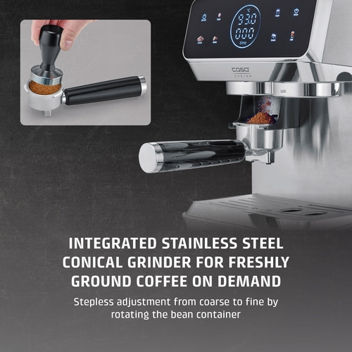 Stainless steel espresso machine with integrated grinder and portafilter