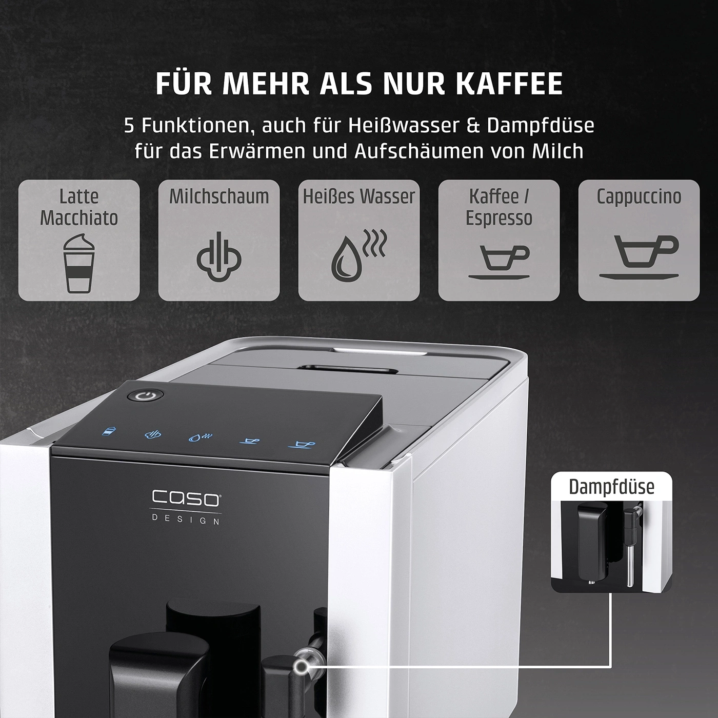 Kaffeemaschine mit Funktionen für Latte Macchiato, Milchschaum, Heißes Wasser, Espresso und Cappuccino.