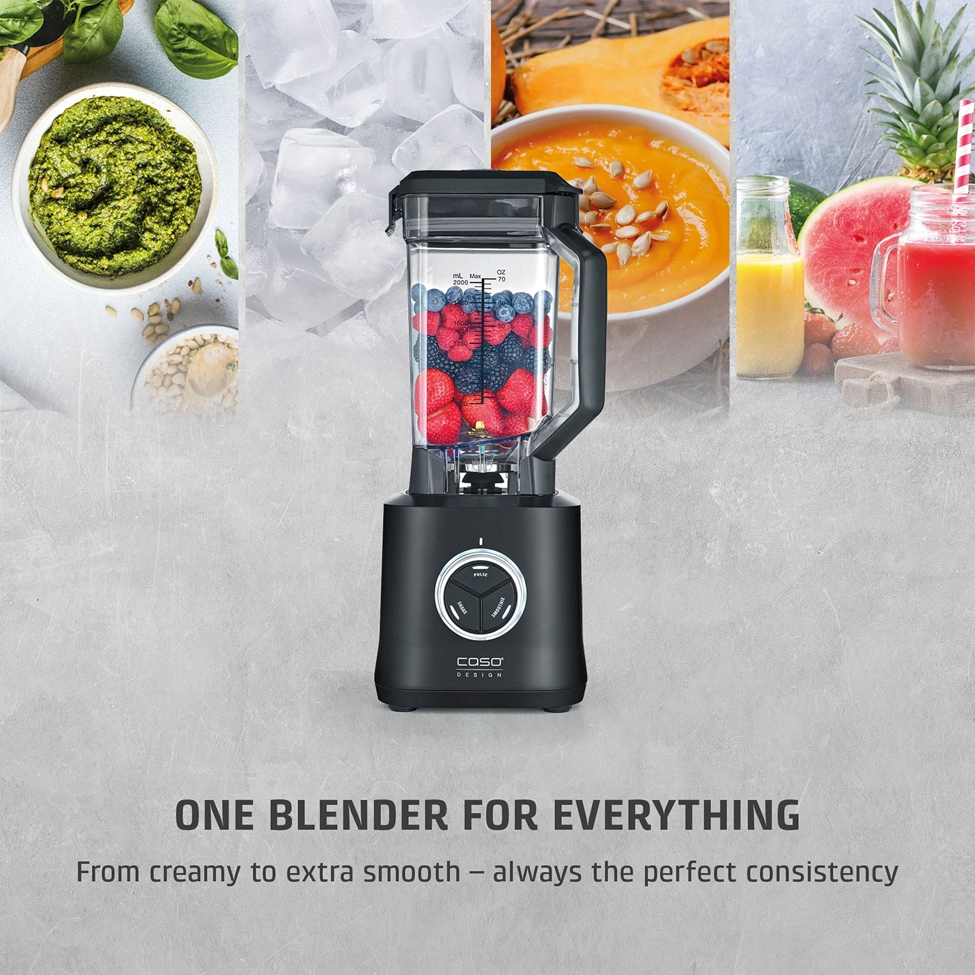 A blender processes fruits, ice, and vegetables into smooth consistencies.