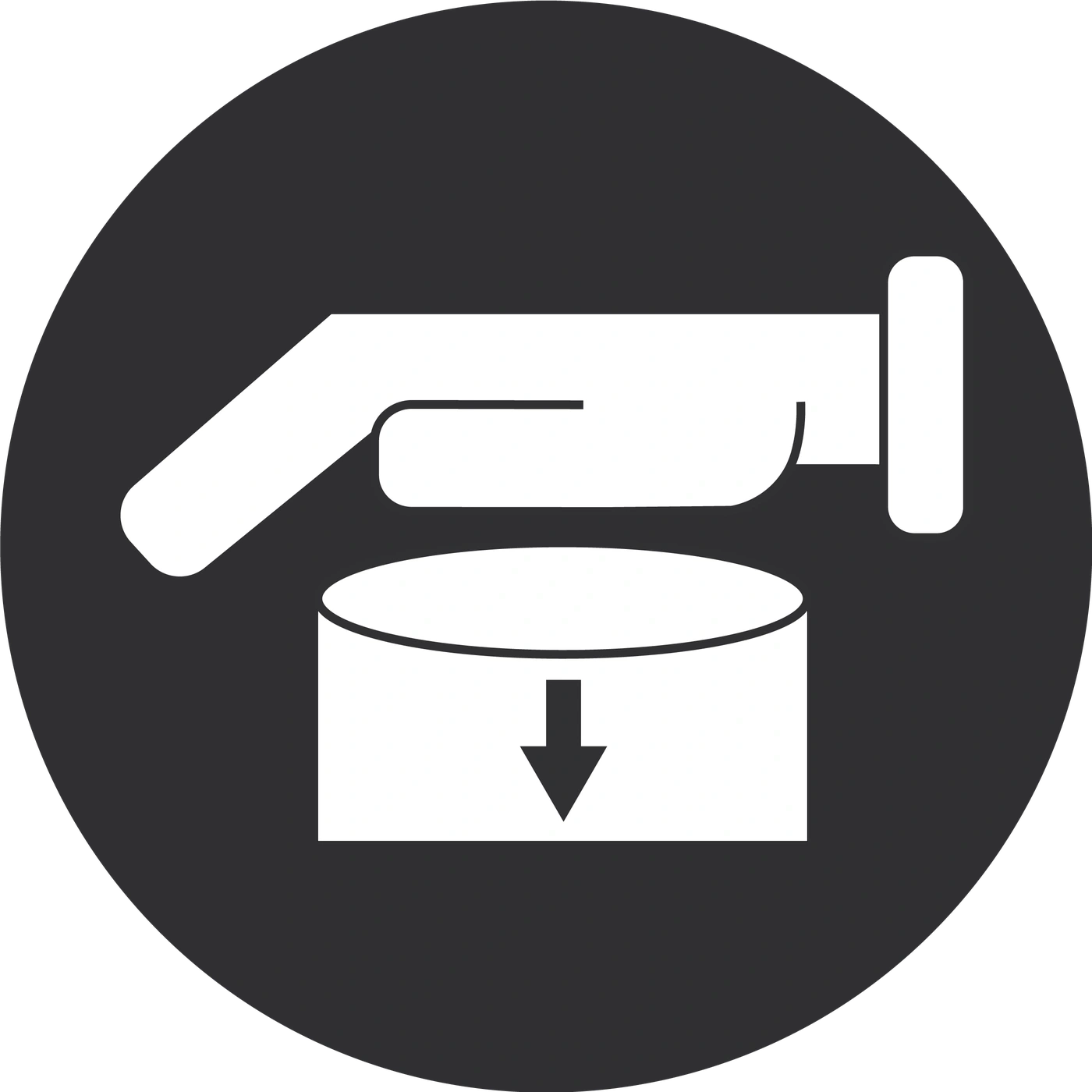 Hand drückt auf einen Zylinder mit einem Pfeil nach unten, Symbol.