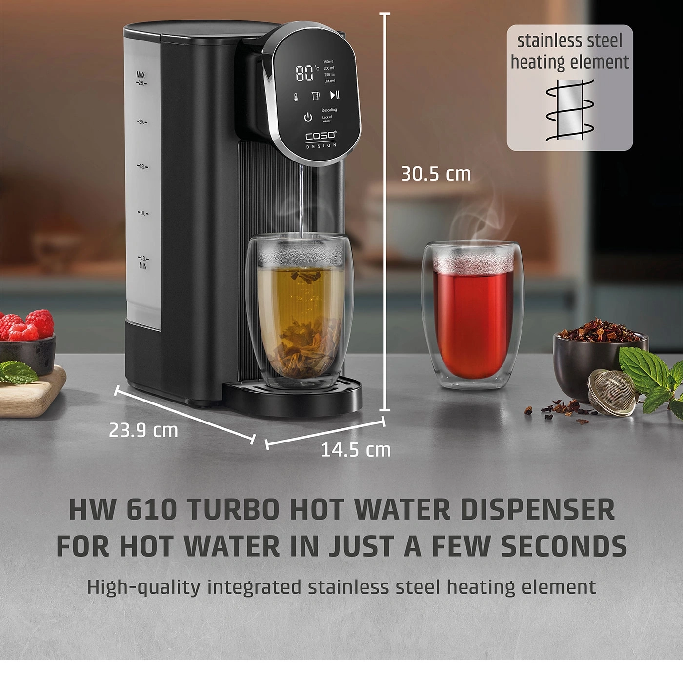 Hot water dispenser with stainless steel heating element, 30.5 cm high, 23.9 cm wide, 14.5 cm deep.