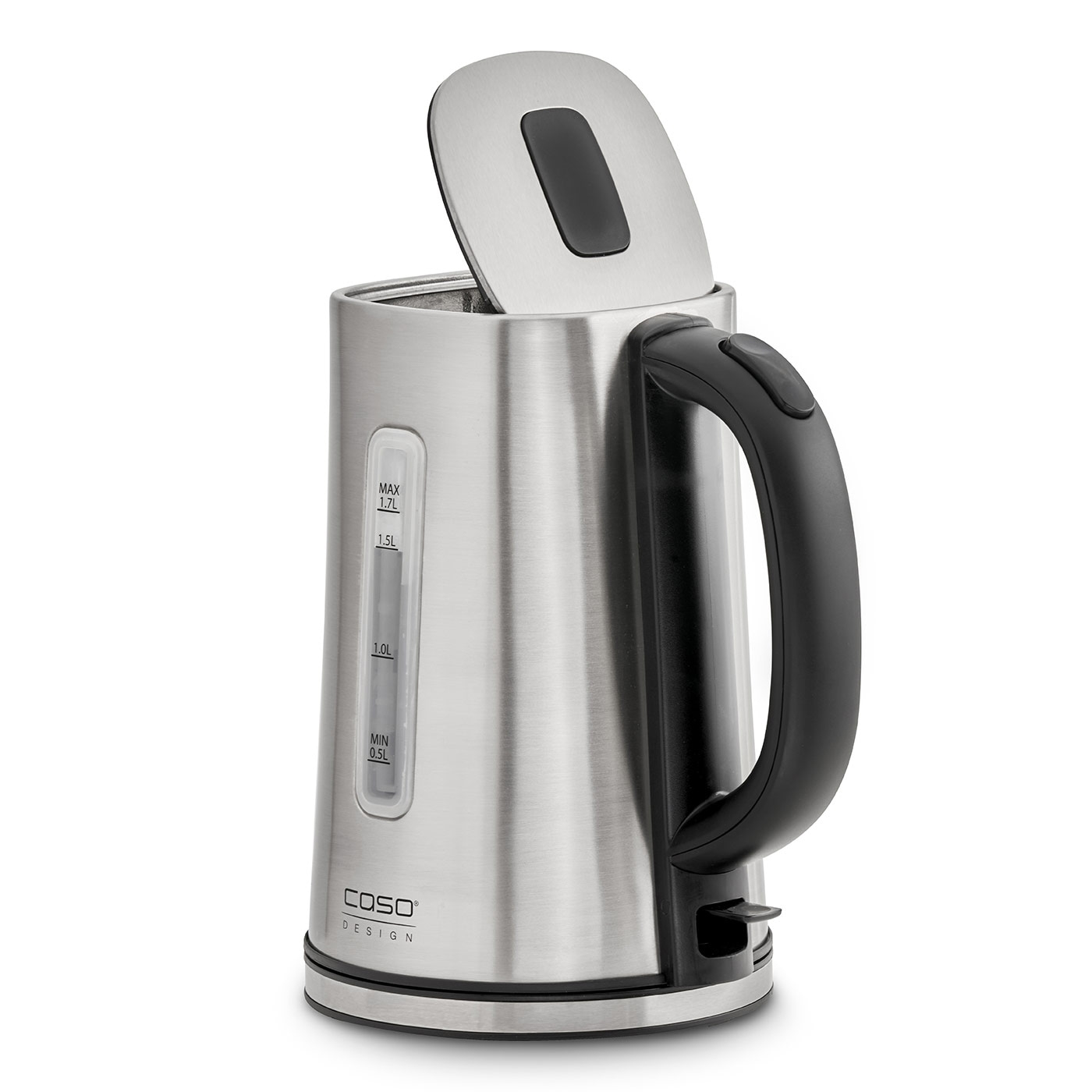 Stainless steel electric kettle with black handle and lid open, isolated