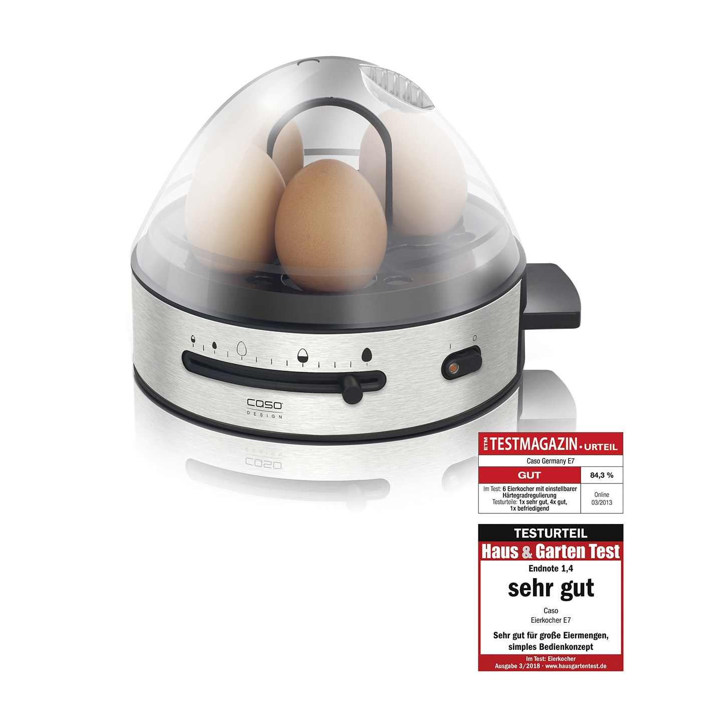 Egg cooker with 'very good' and 'good' ratings from test magazines.