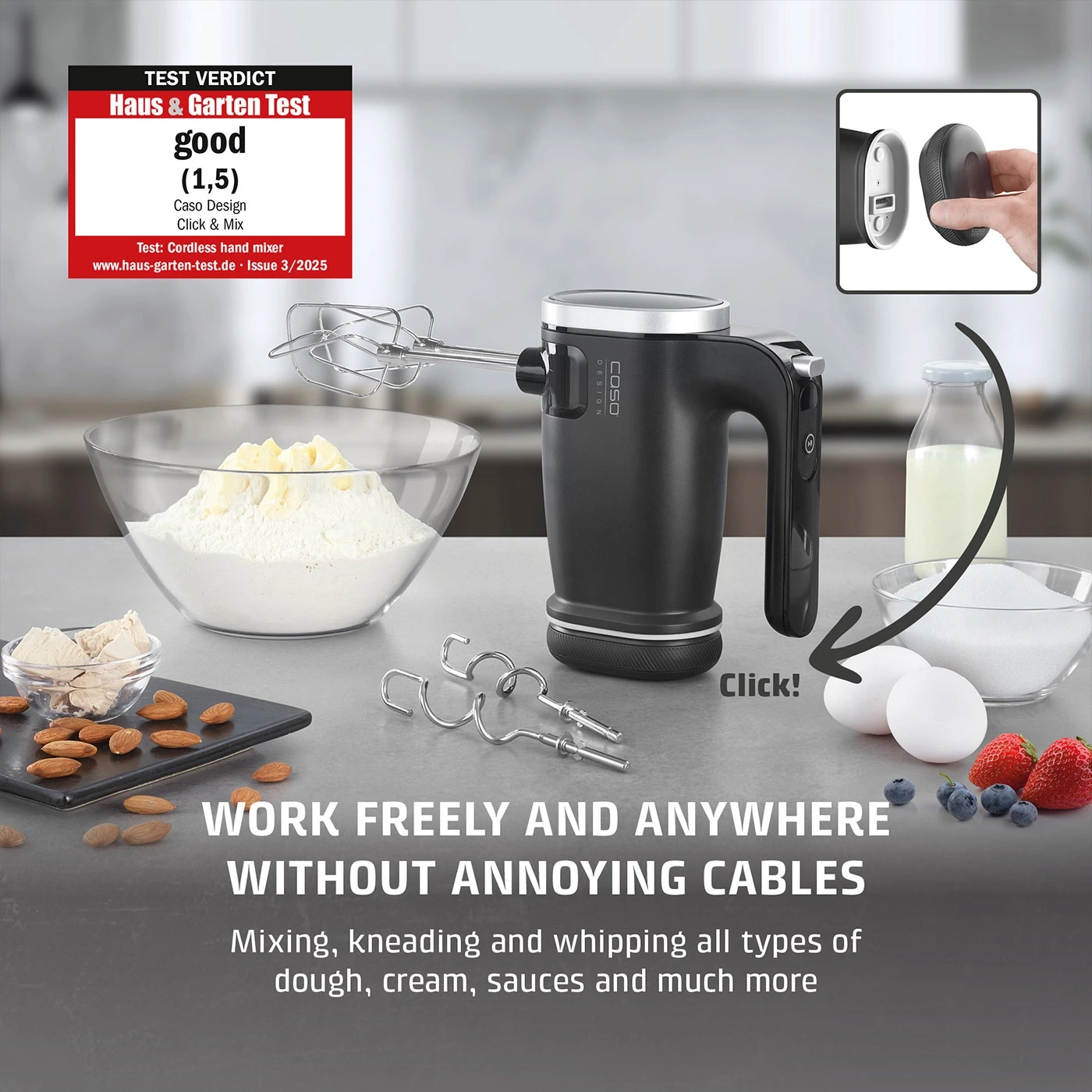 A black hand mixer with accessories and ingredients for baking.