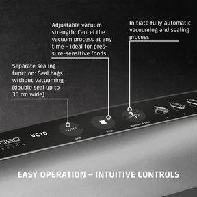 Vacuum sealer with features: vacuum, seal, stop, easy operation, for food preservation.