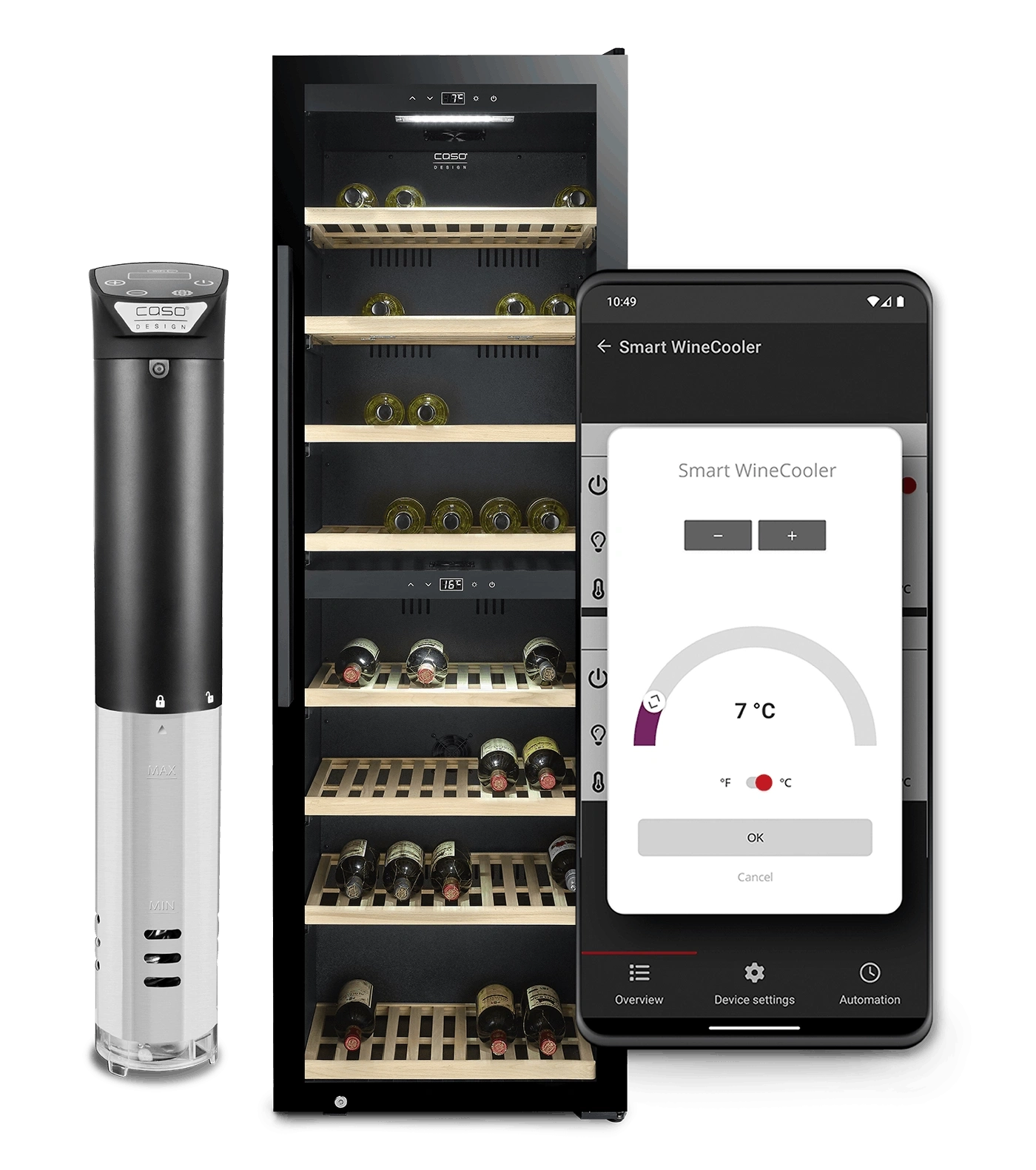 Ein Sous-Vide-Garer, ein Weinkühlschrank und eine Smartphone-App zur Temperaturregelung.