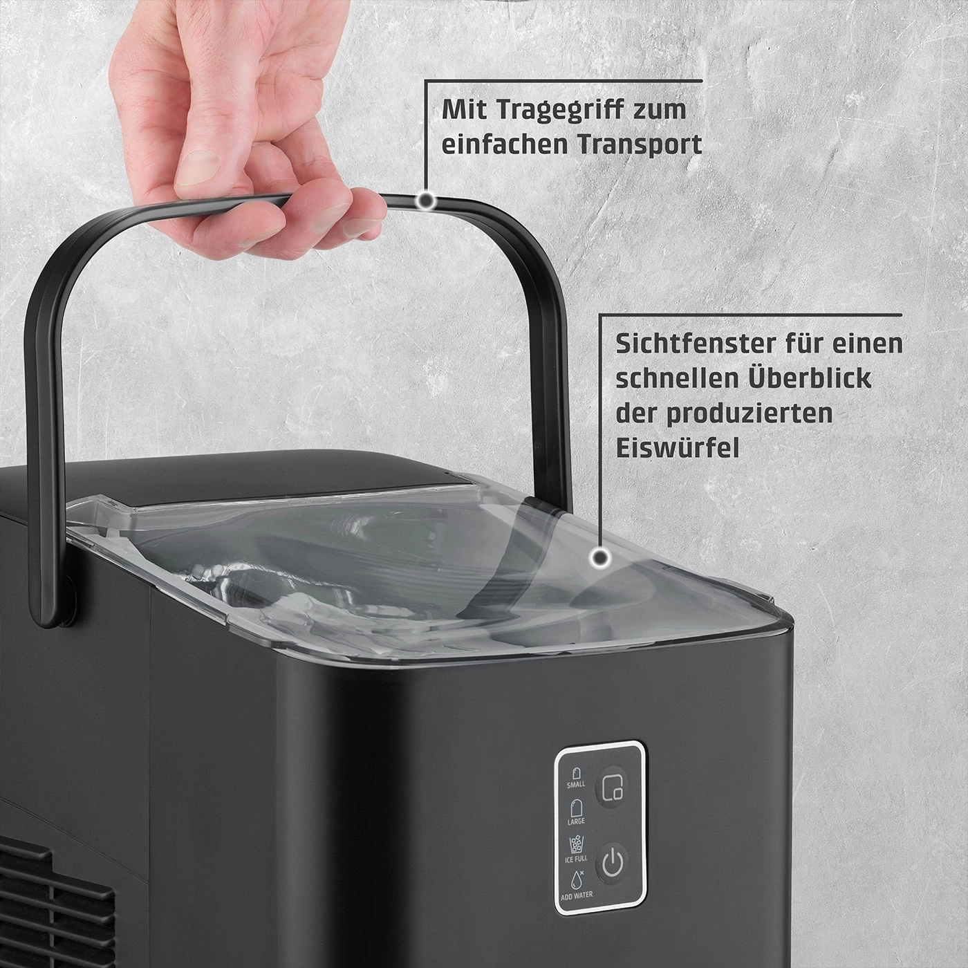 Eismaschine mit Tragegriff und Sichtfenster für Eiswürfel. Bedienfeld mit Optionen.