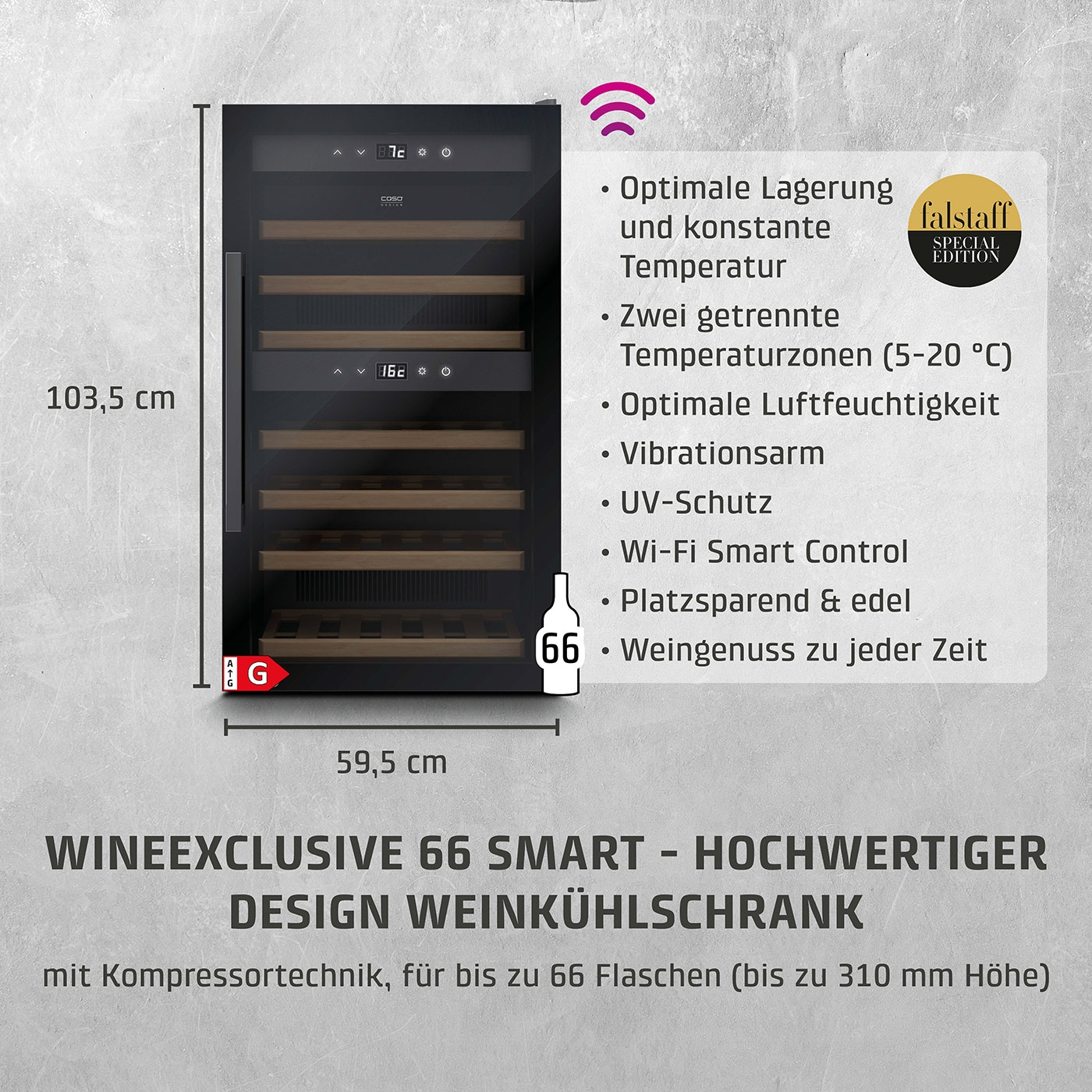 Weinkühlschrank mit 66 Flaschen, Smart Control, 103,5 cm hoch, 59,5 cm breit, Falstaff Edition