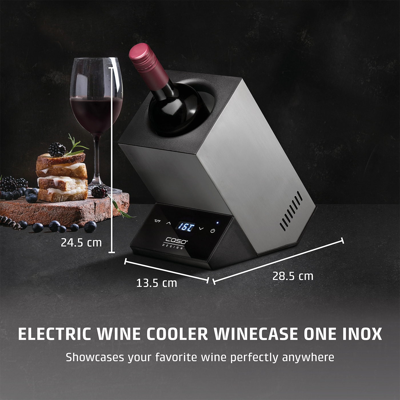 Wine cooler with wine, glass, food, dimensions, text, black, gray, table