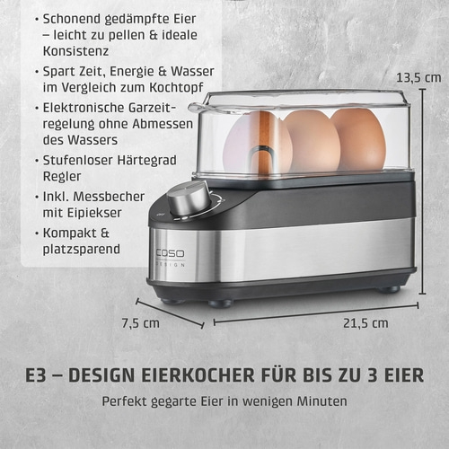 Ein Eierkocher für bis zu 3 Eier mit Messbecher und Eipieker.