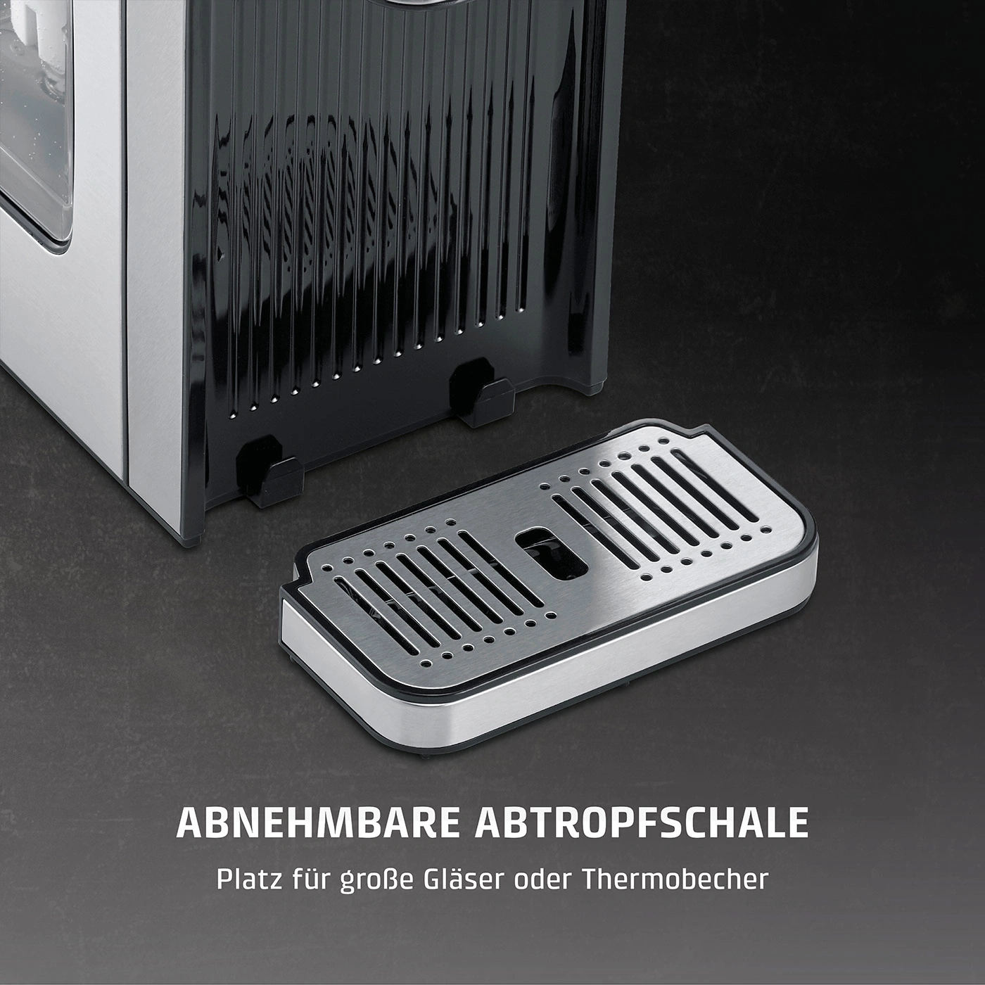 Abnehmbare Abtropfschale, Platz für große Gläser oder Thermobecher. Edelstahl.