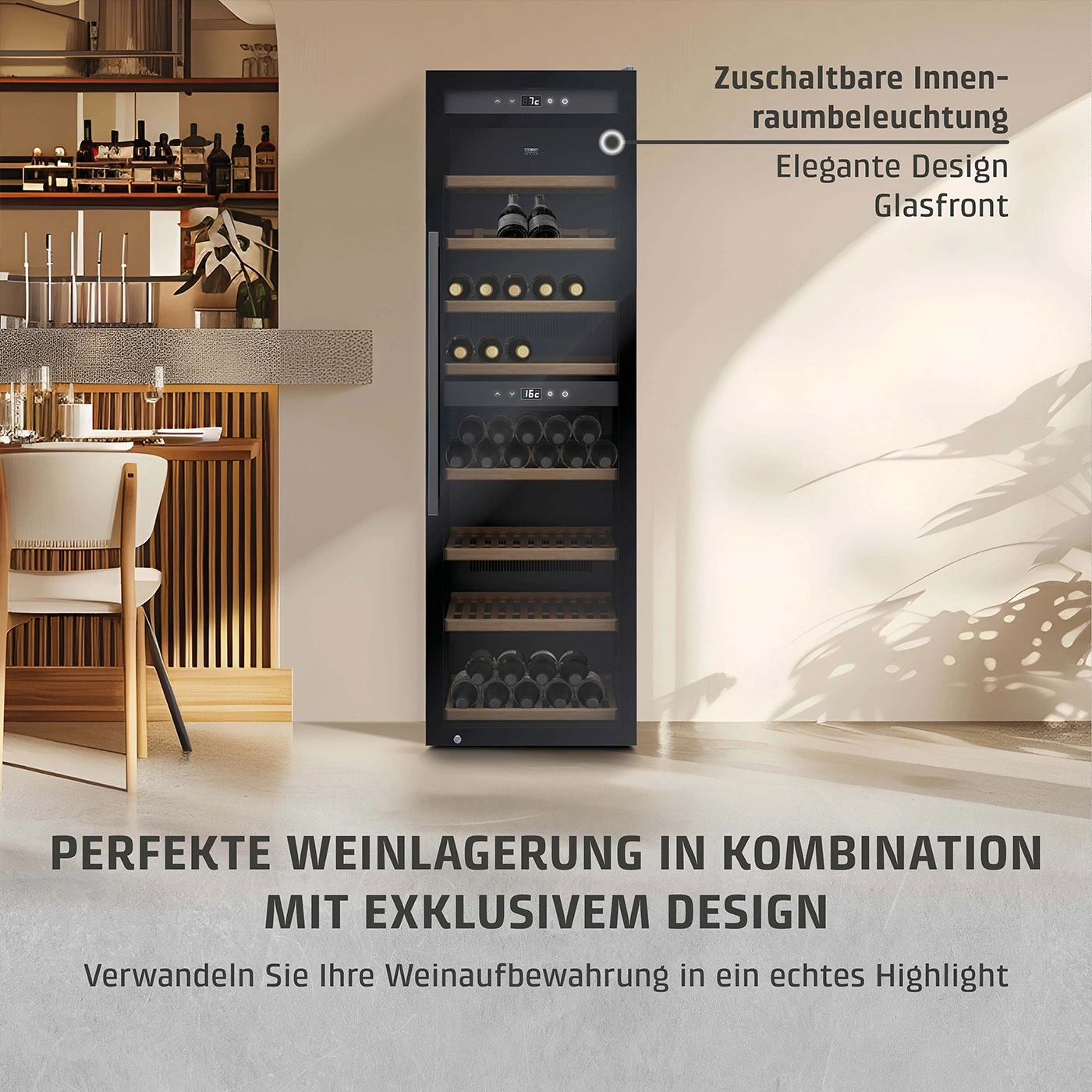 Weinkühlschrank mit Glasfront, elegante Design, perfekte Weinlagerung, Innenraumbeleuchtung