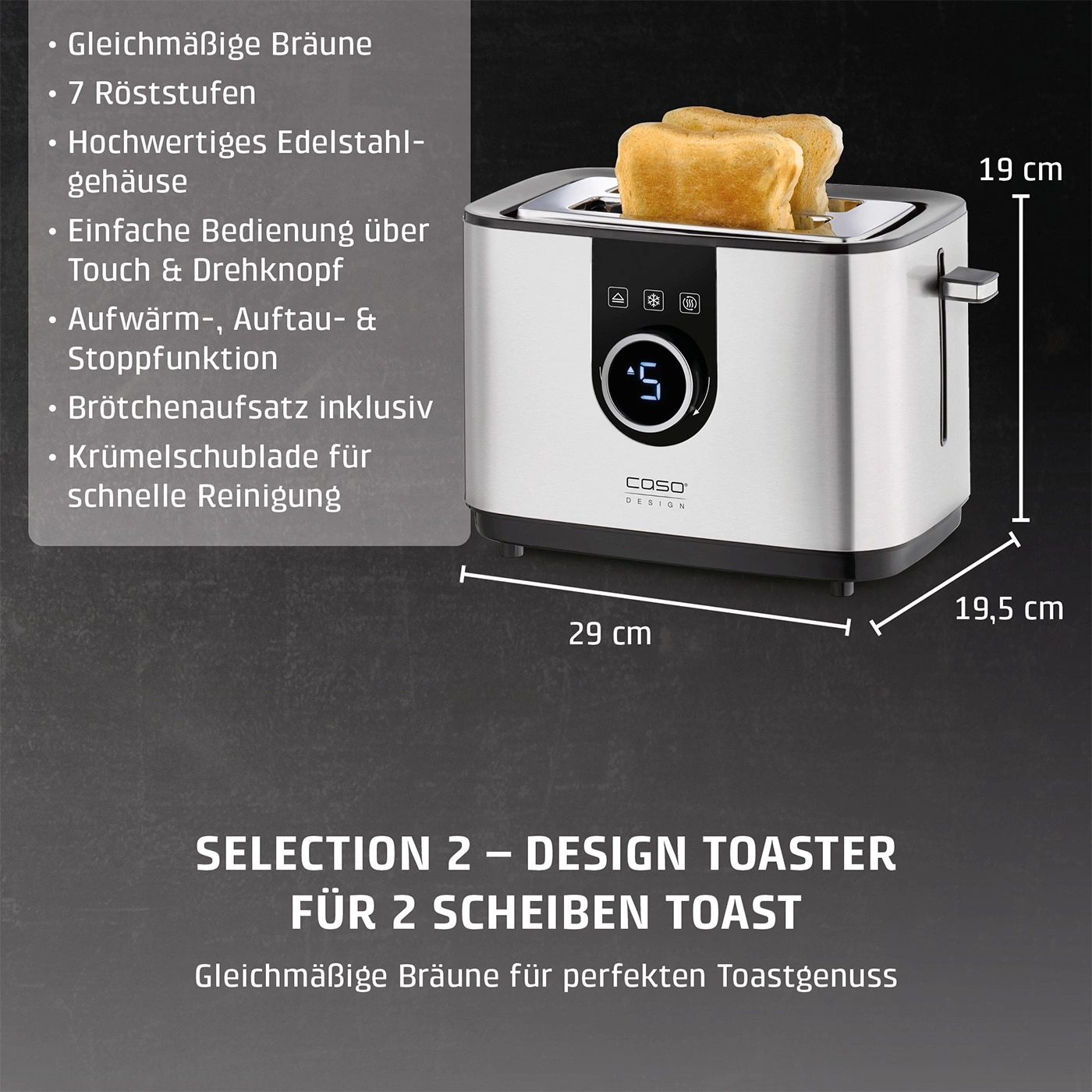 Ein silberner Toaster mit zwei Toastbrotscheiben und deutschen Produktmerkmalen und Maßen.