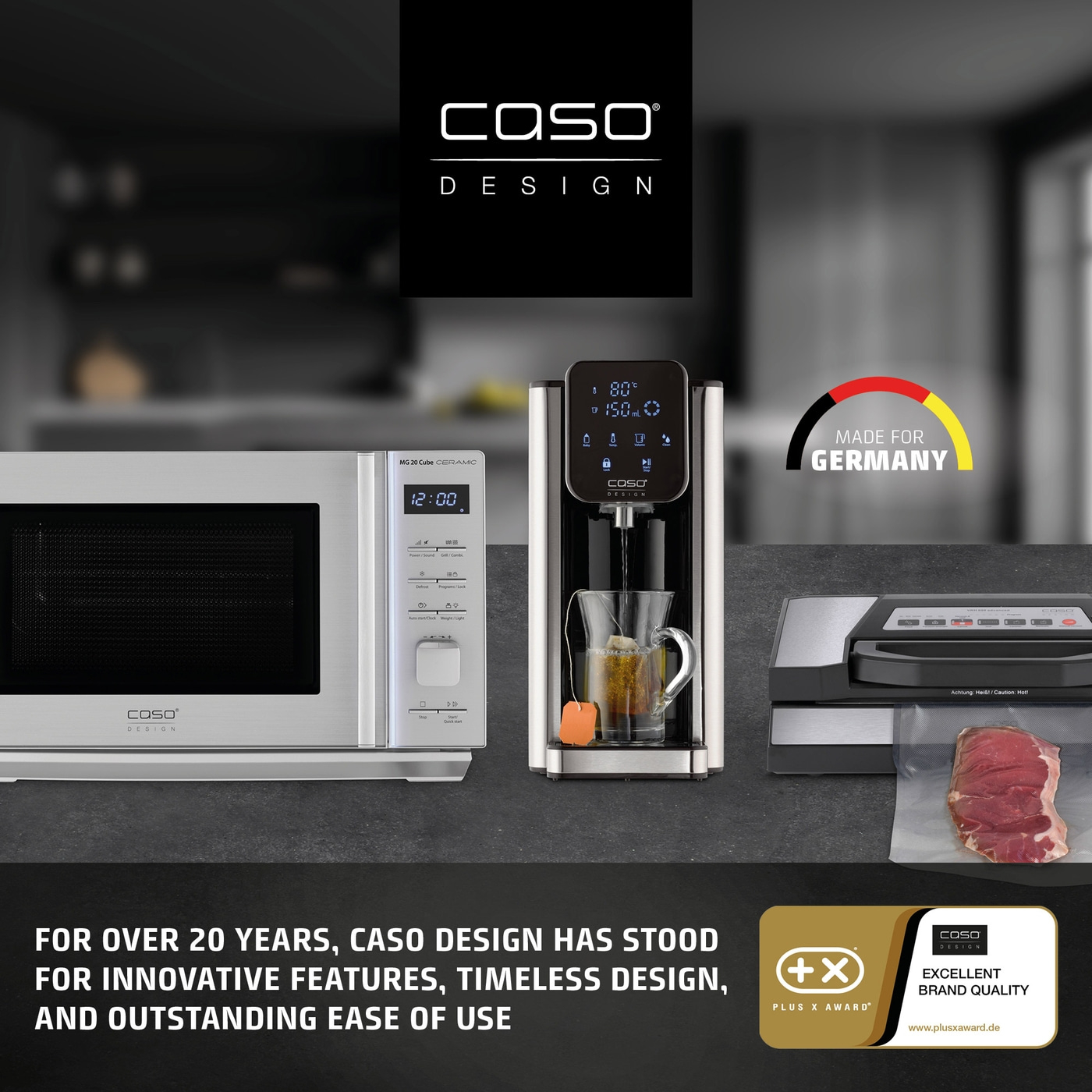 Caso Design microwave, water kettle, and vacuum sealer with meat on a table.