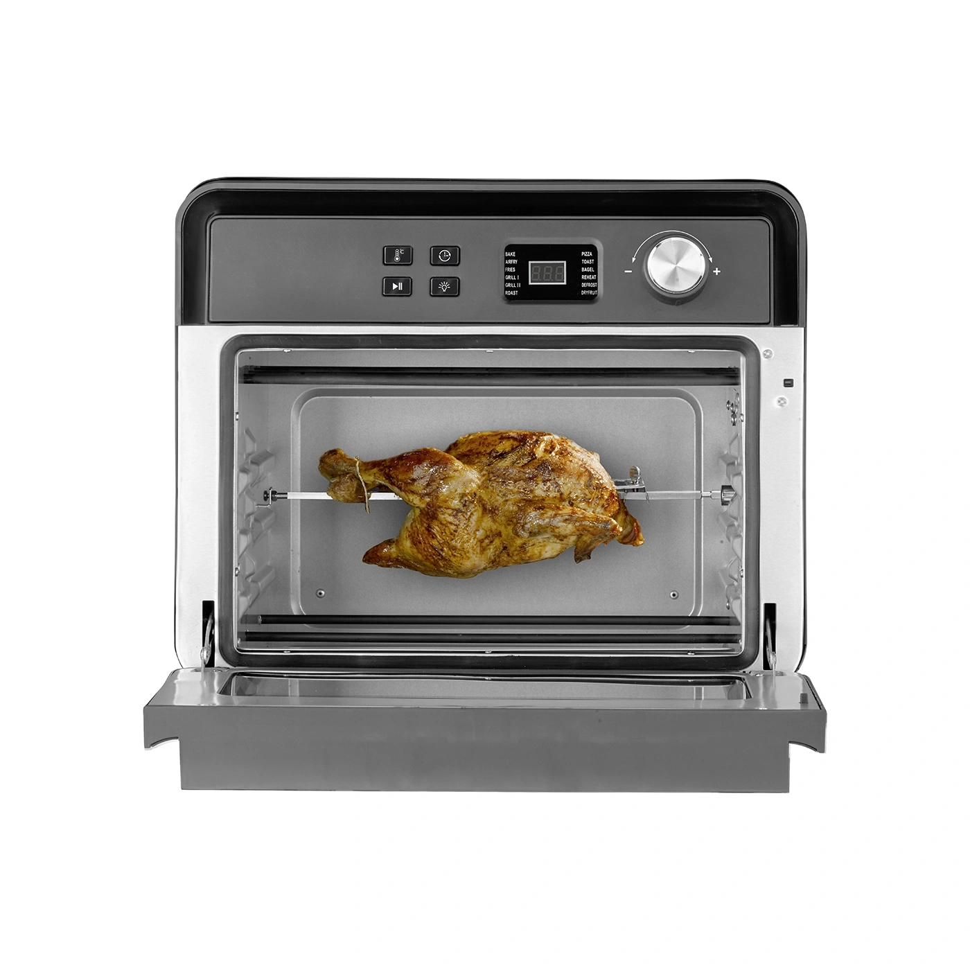 Oven with chicken, open, ready to cook, inside view, close-up, isolated
