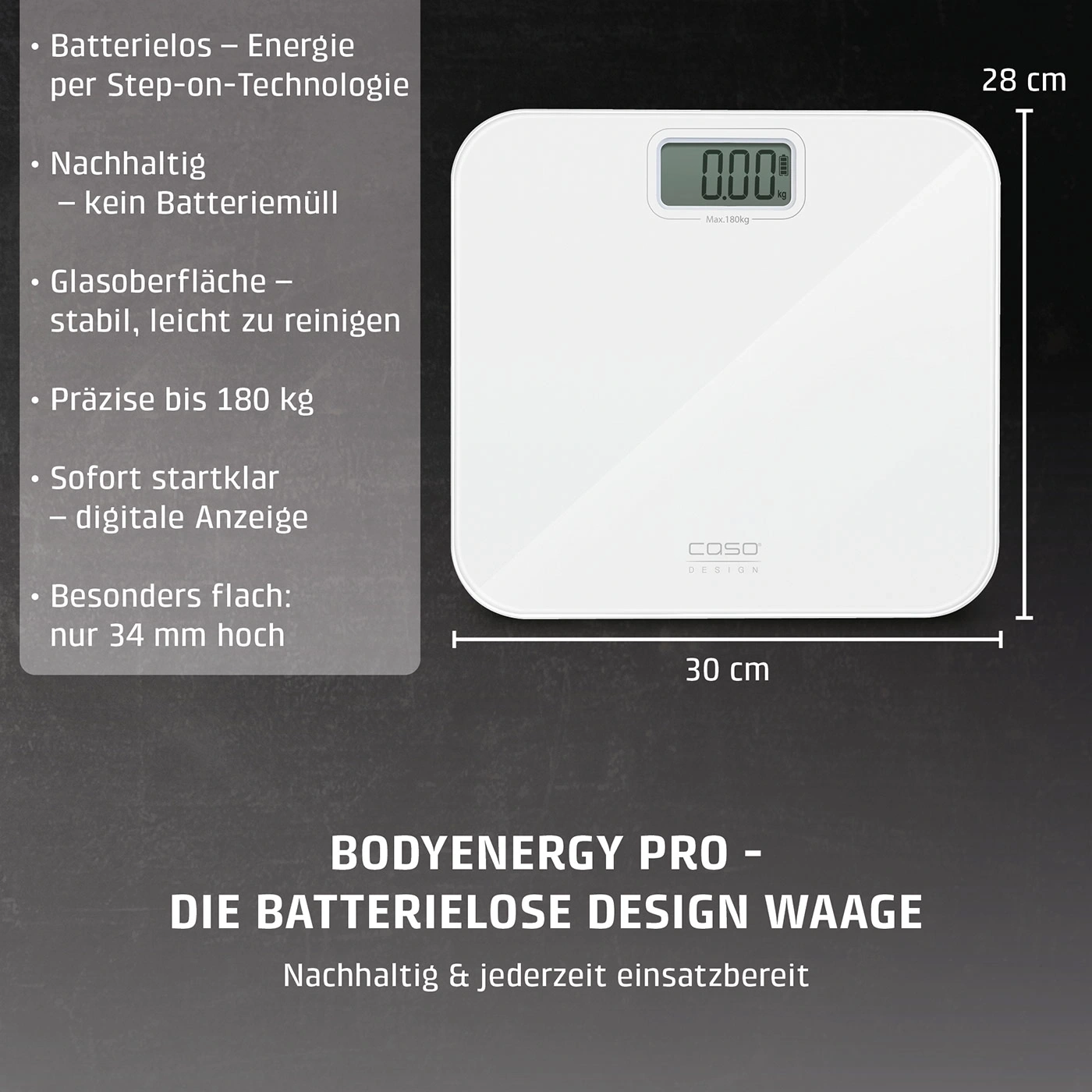 Eine digitale Personenwaage mit den Maßen 28 cm x 30 cm und der Bezeichnung BODYENERGY PRO.