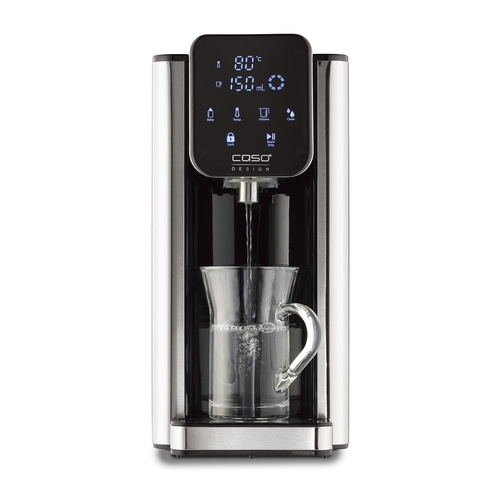 A water dispenser with a digital display, dispensing water into a glass.