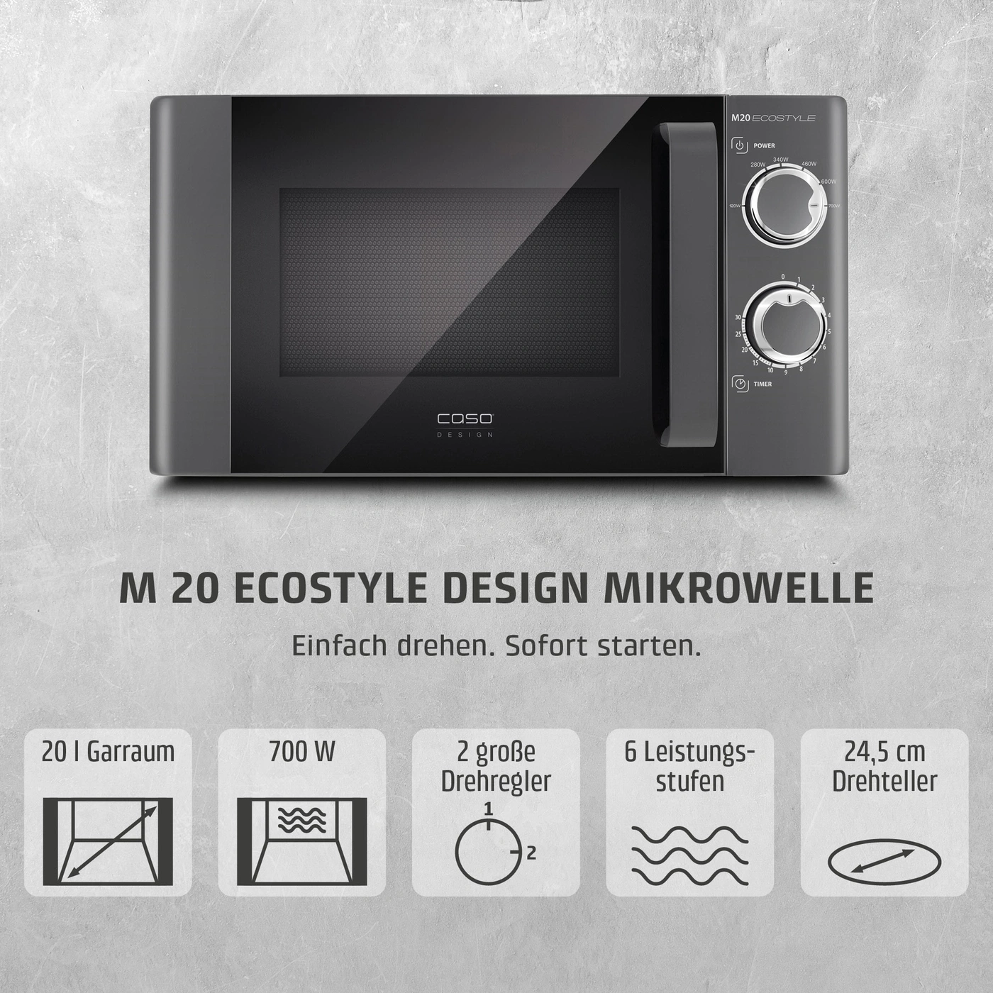 Eine graue Mikrowelle mit zwei Drehreglern und Produktmerkmalen.