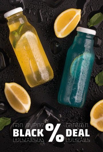 Two bottles with drinks, lemons, ice cubes, and Black Deal text on a black background.