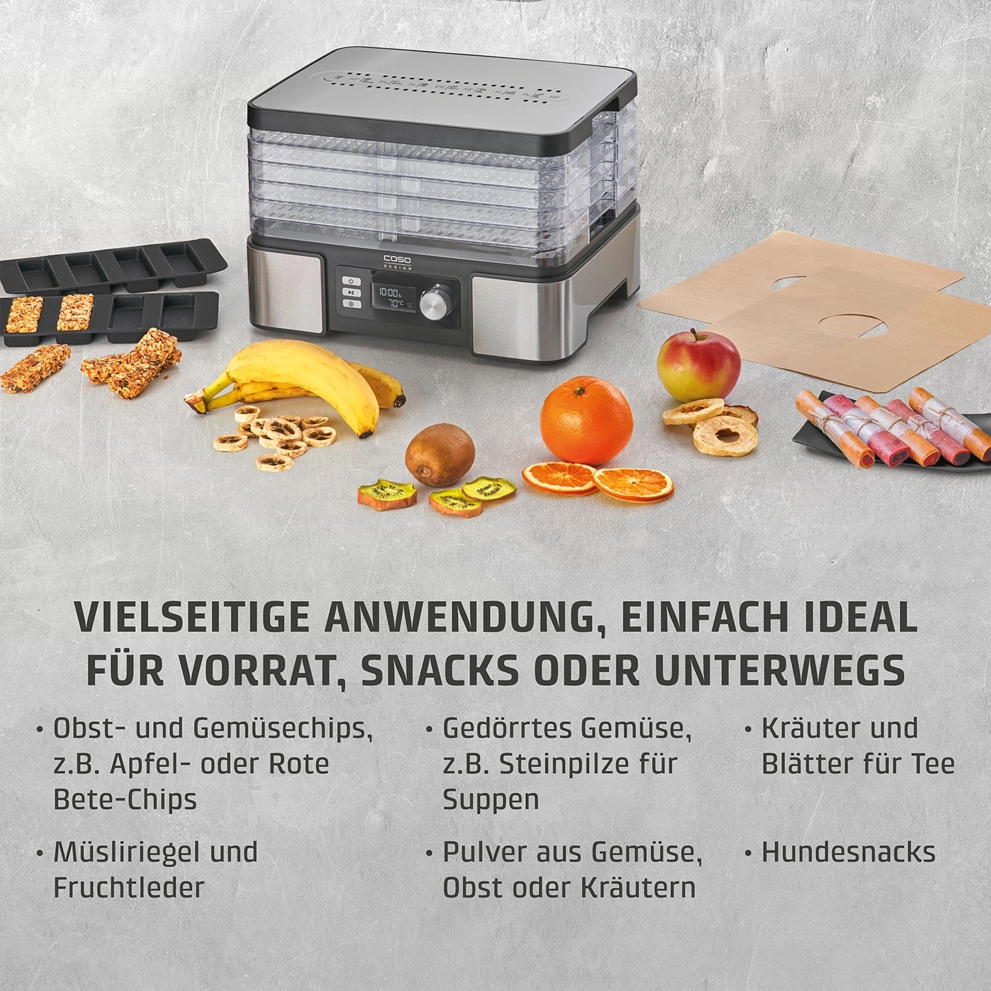 Lebensmitteltrockner mit Obst und Gemüse für Snacks und Vorräte