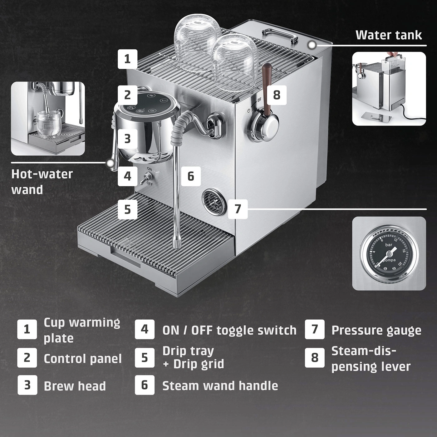 Espresso machine with numbered parts and labels like "Water tank" and "Steam dispensing lever".