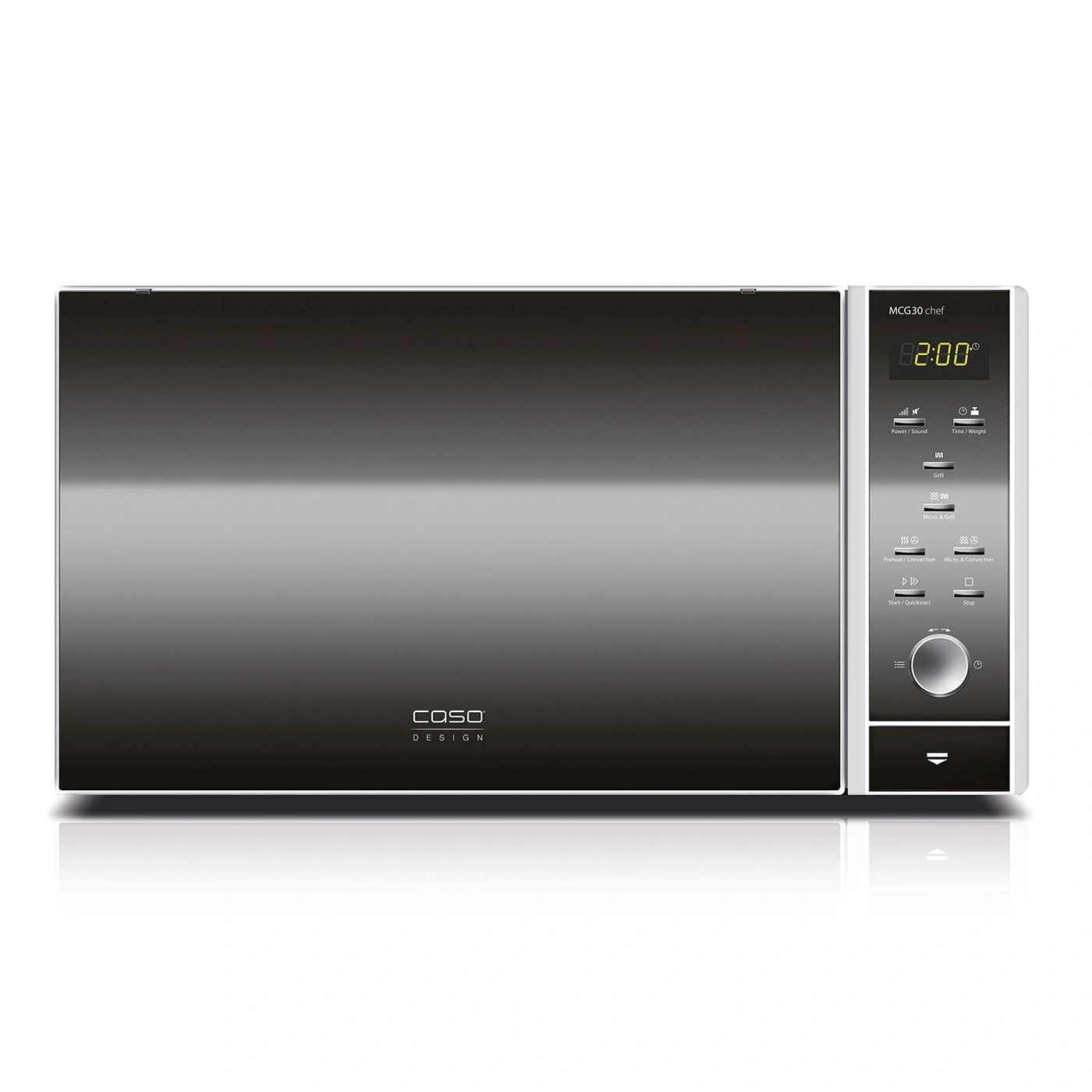 Mikrowelle von Caso Design, Modell MCG30 chef, mit digitaler Anzeige und Bedienelementen.