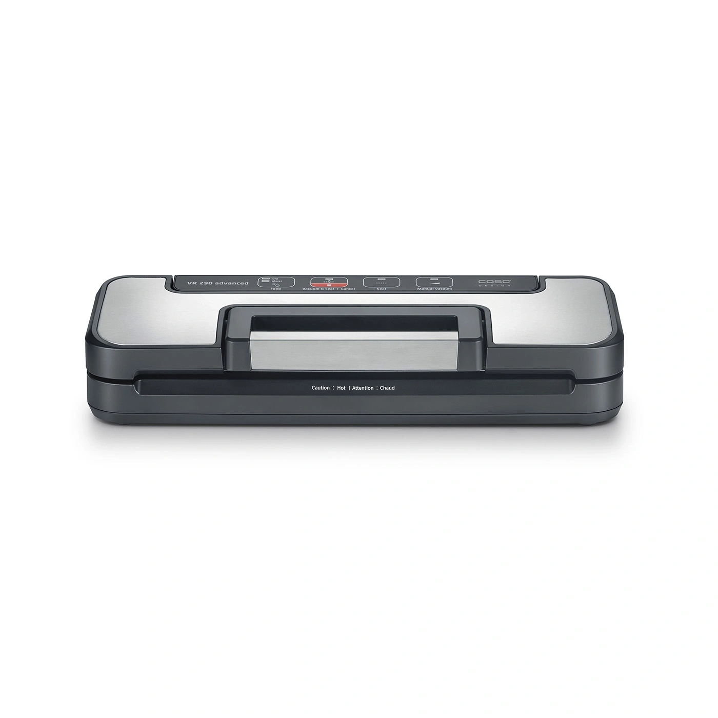 A vacuum sealer with buttons and a silver housing on a white background.